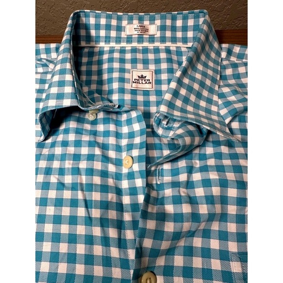 Peter Millar Large Blue White Gingham Dress Shirt Mens Long Sleeve 100% Cotton - Picture 2 of 8